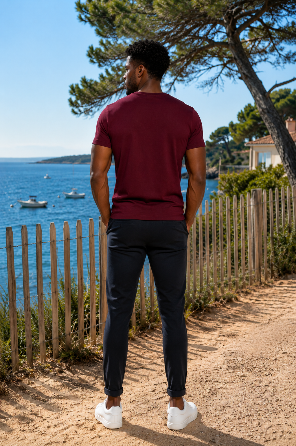 T-shirt Col V Bordeaux Homme