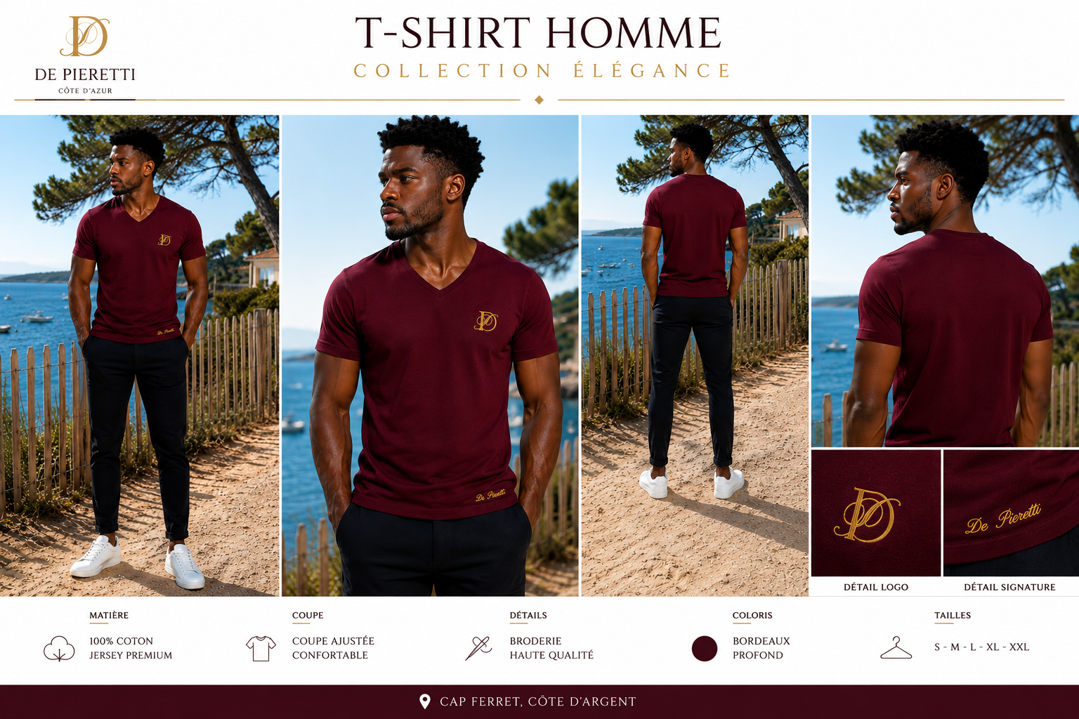 T-shirt Col V Bordeaux Homme