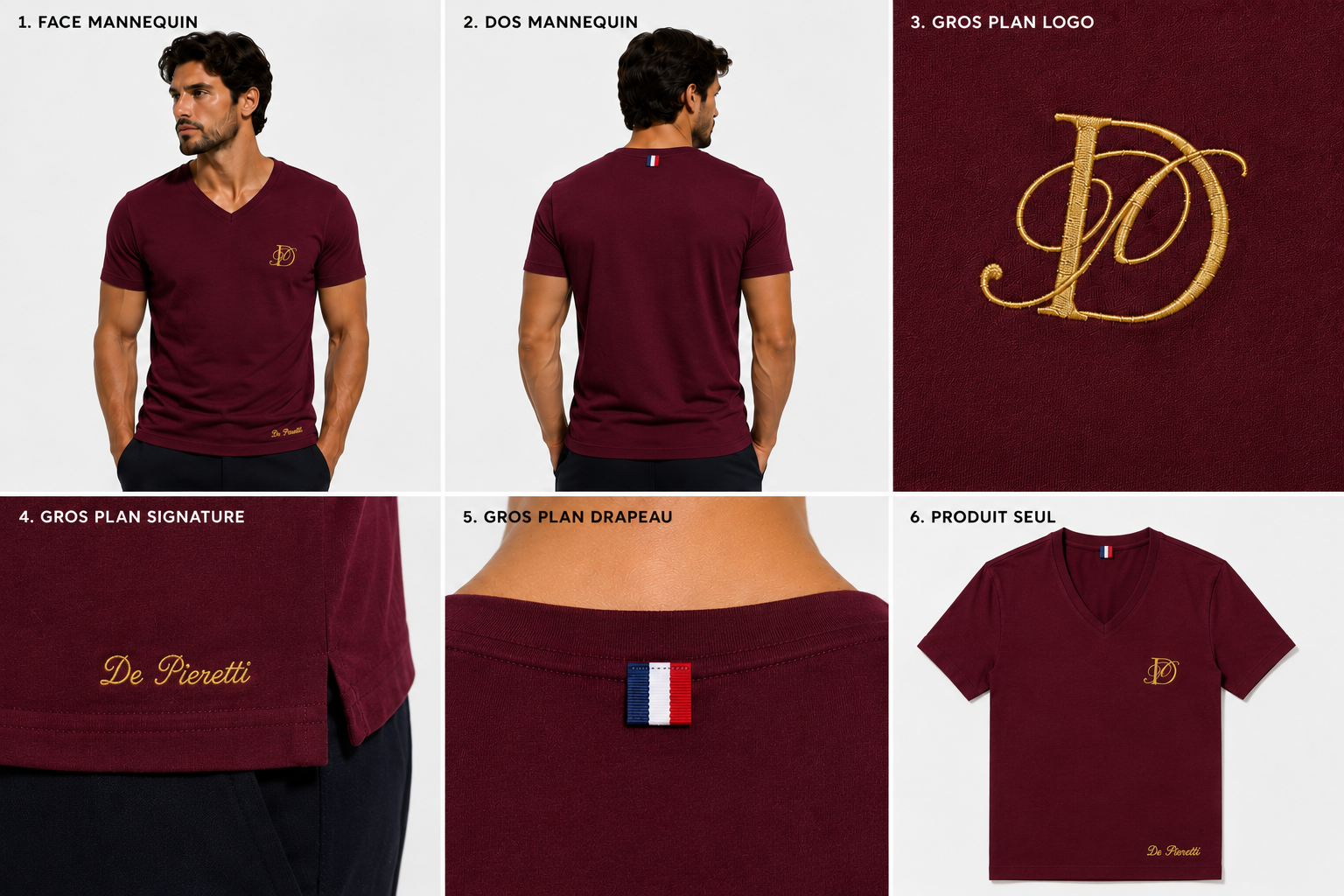 T-shirt Col V Bordeaux Homme